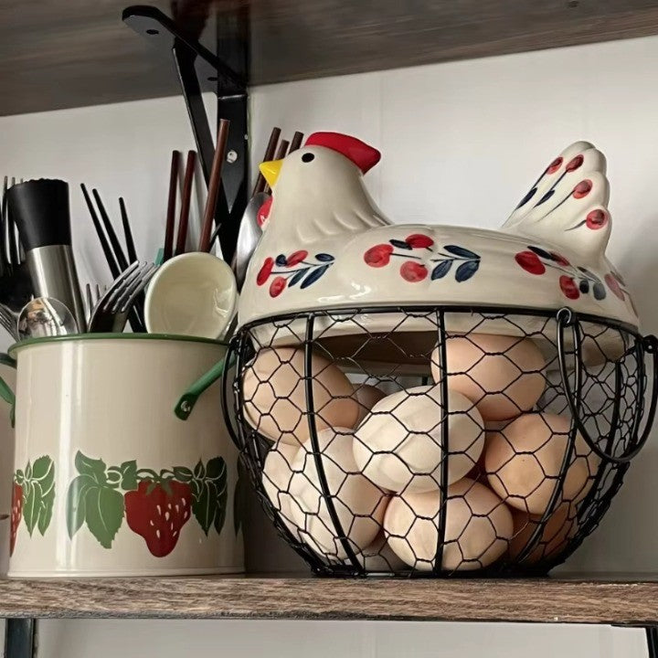 Farm Fresh Ceramic Egg Holder with Metal Basket