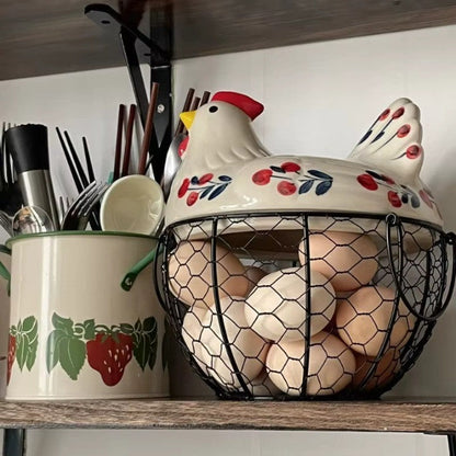Farm Fresh Ceramic Egg Holder with Metal Basket