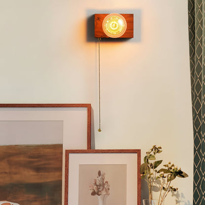 Rustic Wooden Bedside Wall Light with Pull Chain