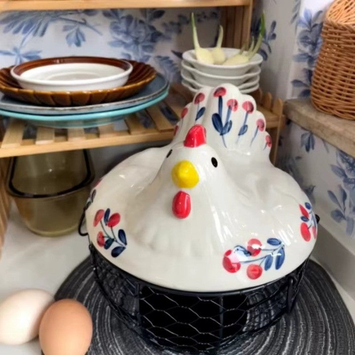 Farm Fresh Ceramic Egg Holder with Metal Basket