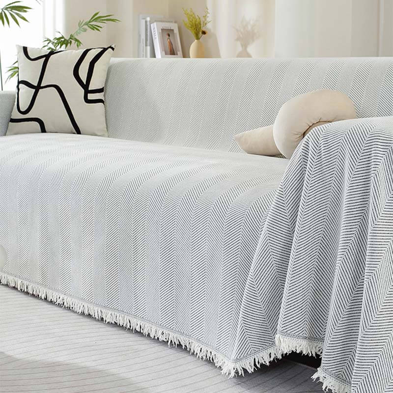 Plush Herringbone Couch Cover with Fringe