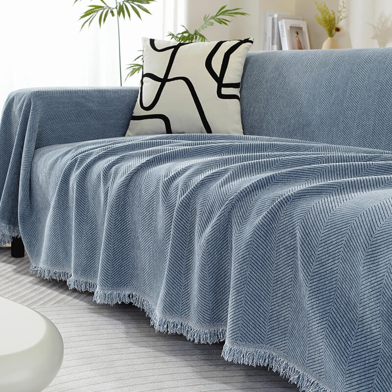 Plush Herringbone Couch Cover with Fringe