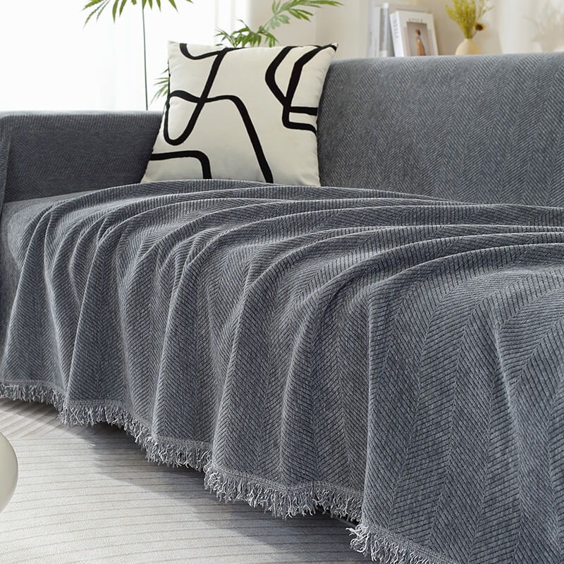 Plush Herringbone Couch Cover with Fringe