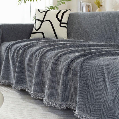 Plush Herringbone Couch Cover with Fringe