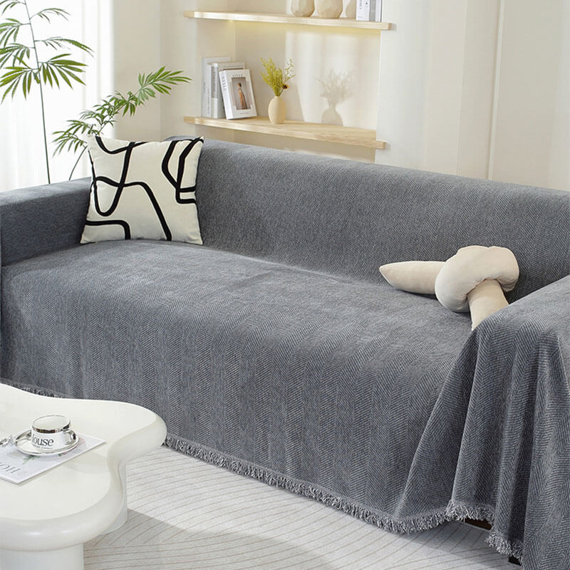 Plush Herringbone Couch Cover with Fringe