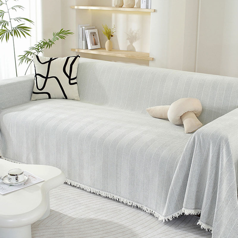 Plush Herringbone Couch Cover with Fringe