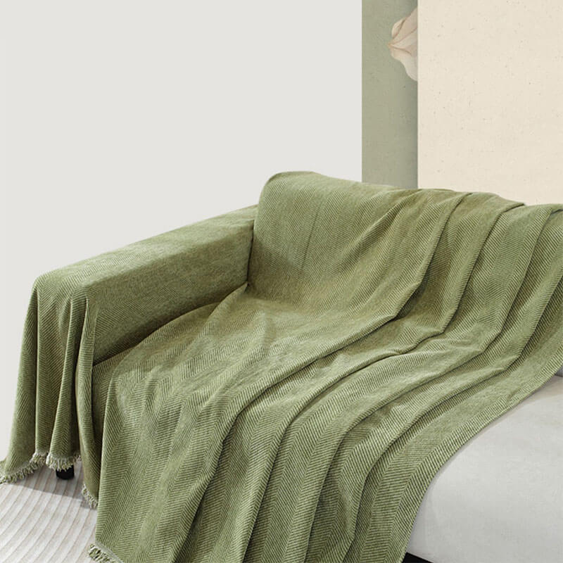 Plush Herringbone Couch Cover with Fringe