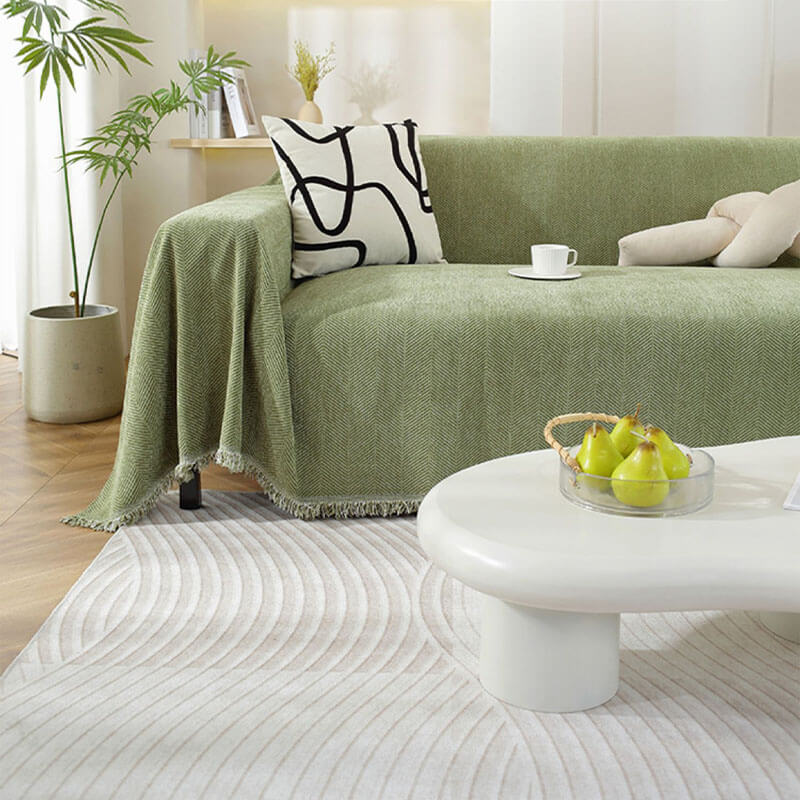 Plush Herringbone Couch Cover with Fringe