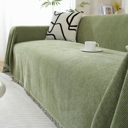 Plush Herringbone Couch Cover with Fringe