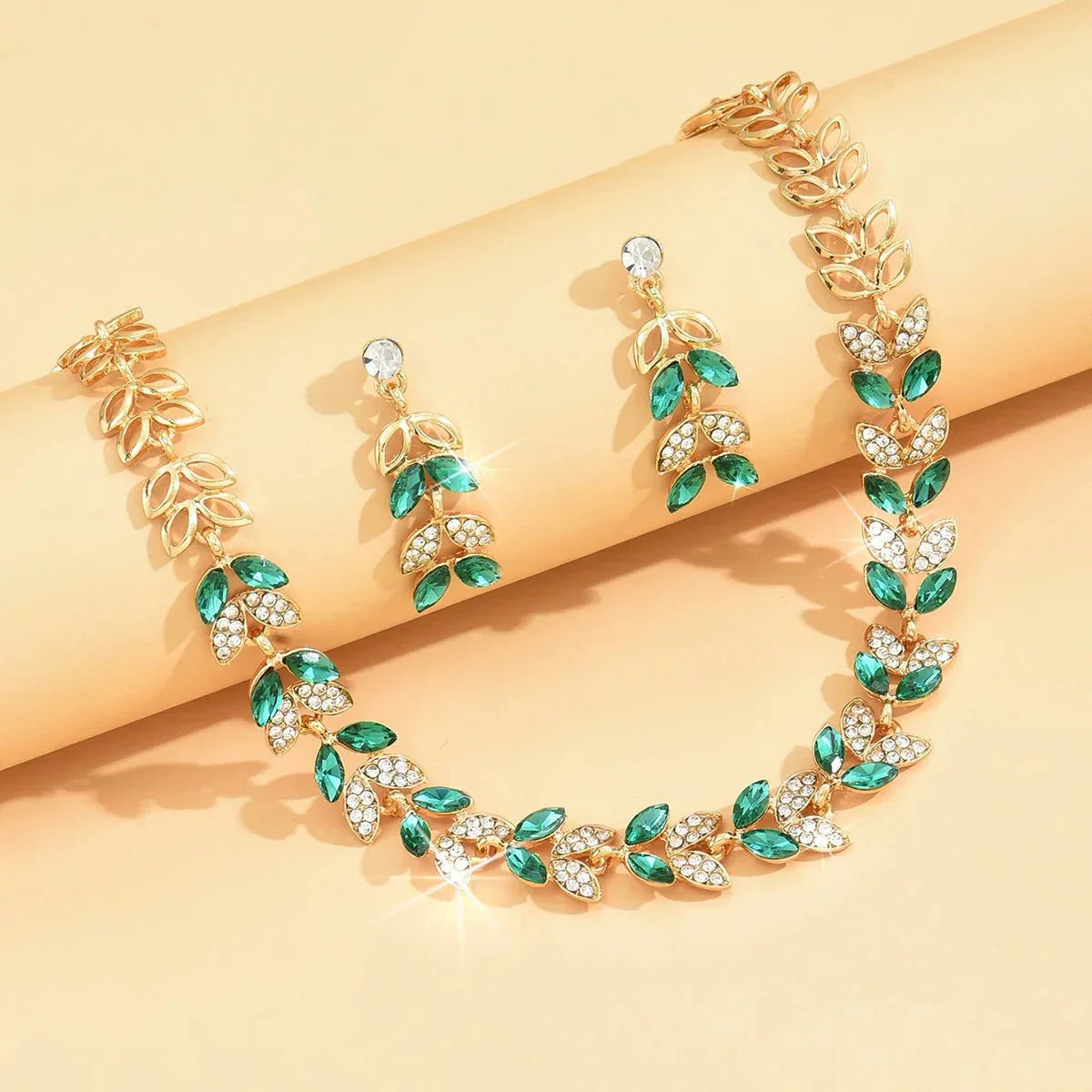 Green Diamond Leaf Necklace and Earrings Set