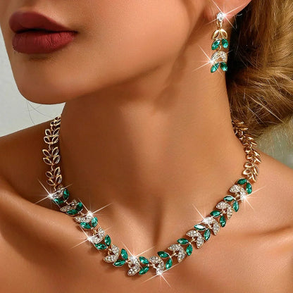 Green Diamond Leaf Necklace and Earrings Set - Cofik
