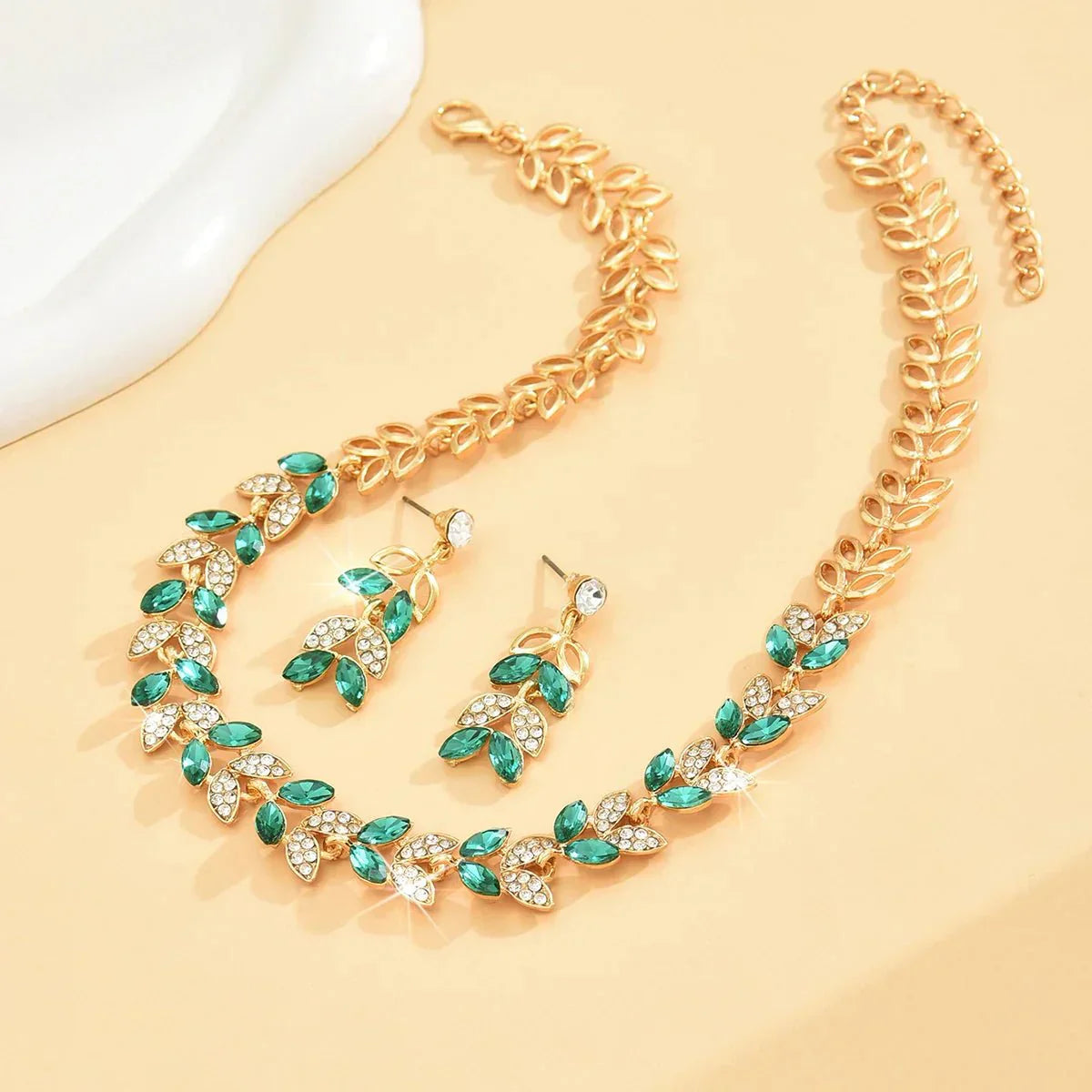 Green Diamond Leaf Necklace and Earrings Set