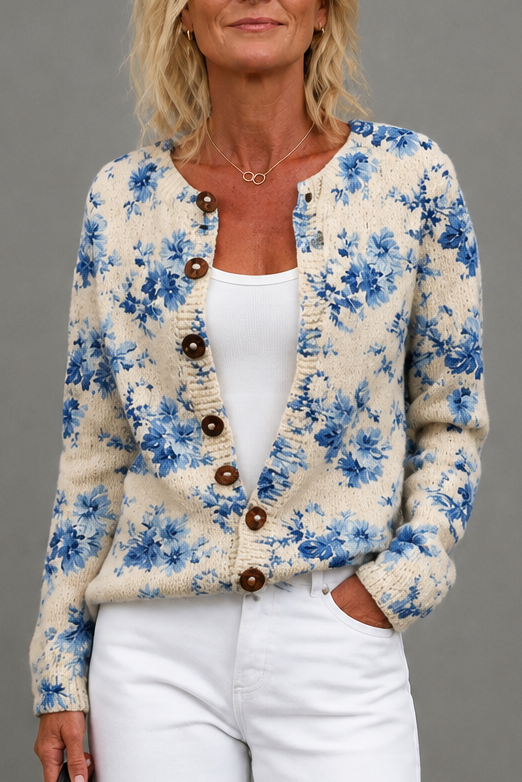 Floral Print Open-Front Knit Cardigan