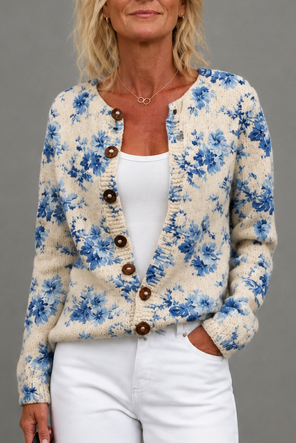 Floral Print Open-Front Knit Cardigan