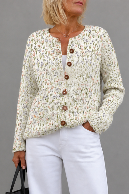 Floral Print Open-Front Knit Cardigan
