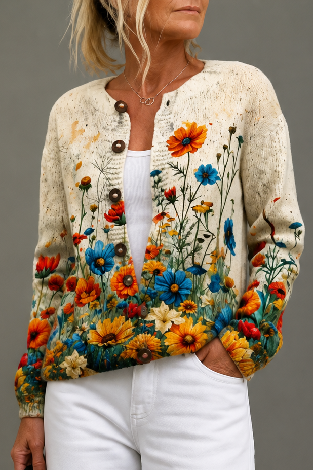 Floral Print Open-Front Knit Cardigan
