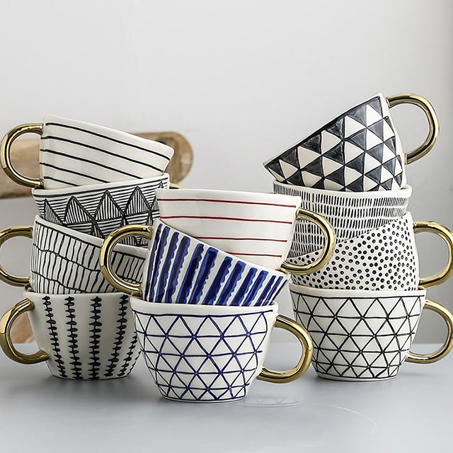 Unique Geometric Mug with Gold Accent Handle