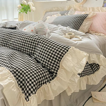 Gingham Check Ruffled Edges Bedding Set