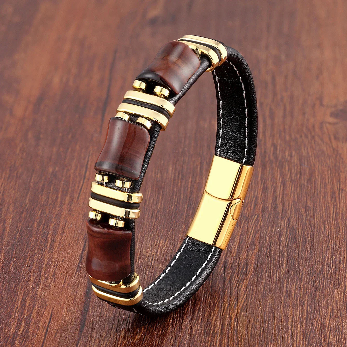 Men's Genuine Leather Tiger Eye Bead Bracelet
