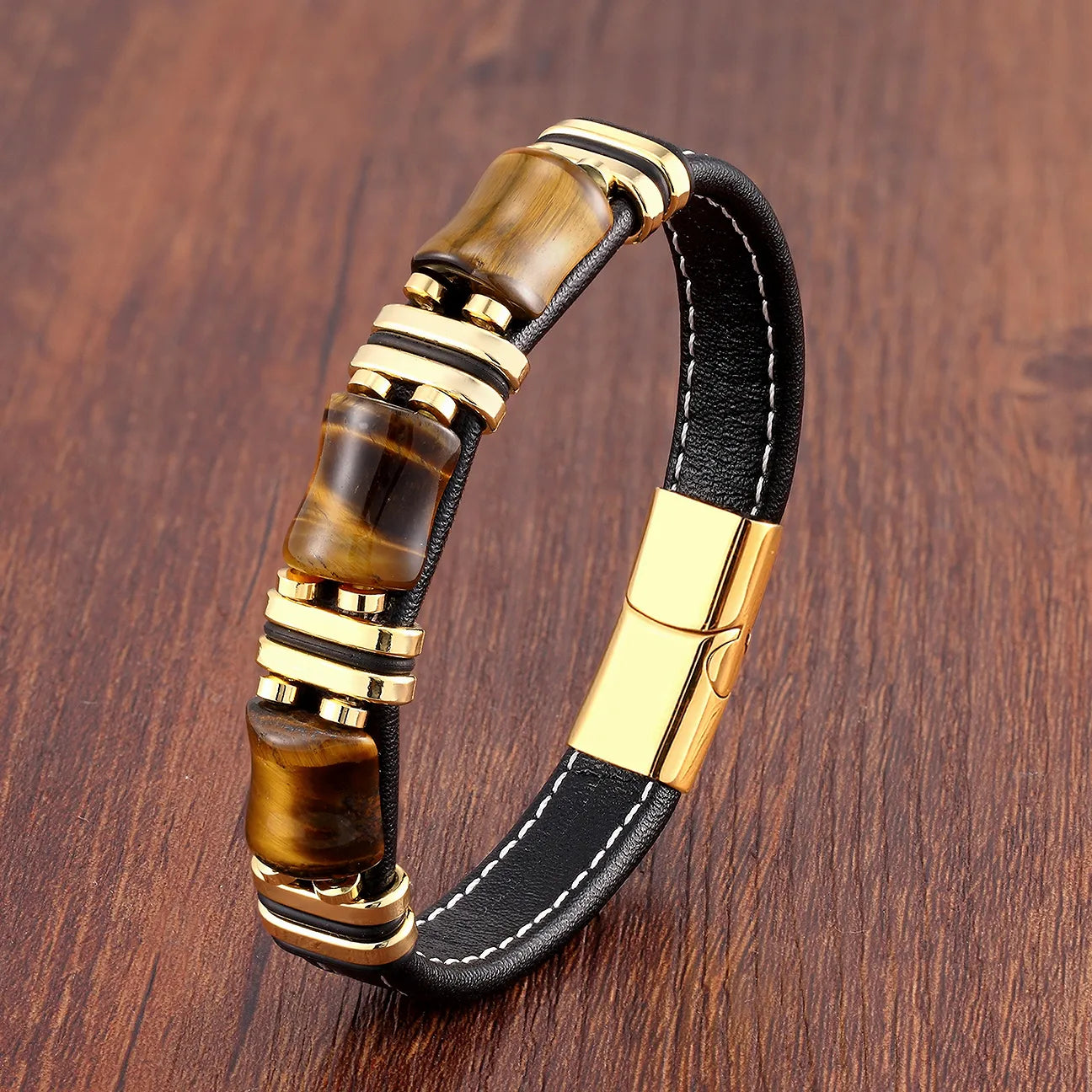Men's Brown Leather Tiger Eye Gemstone Bracelet