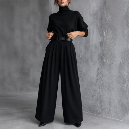 High-Waist Turtleneck and Trousers Set with Belt