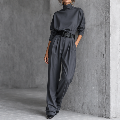 High-Waist Turtleneck and Trousers Set with Belt