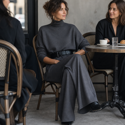 High-Waist Turtleneck and Trousers Set with Belt