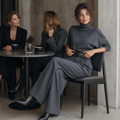 High-Waist Turtleneck and Trousers Set with Belt