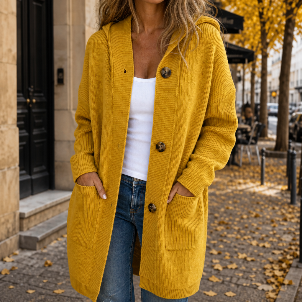 Hooded Button-Front Knit Cardigan