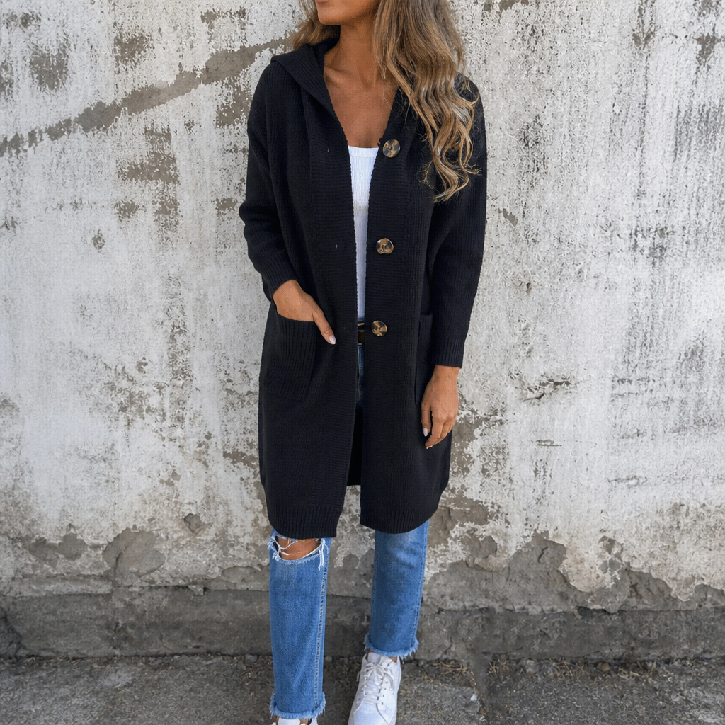 Hooded Button-Front Knit Cardigan