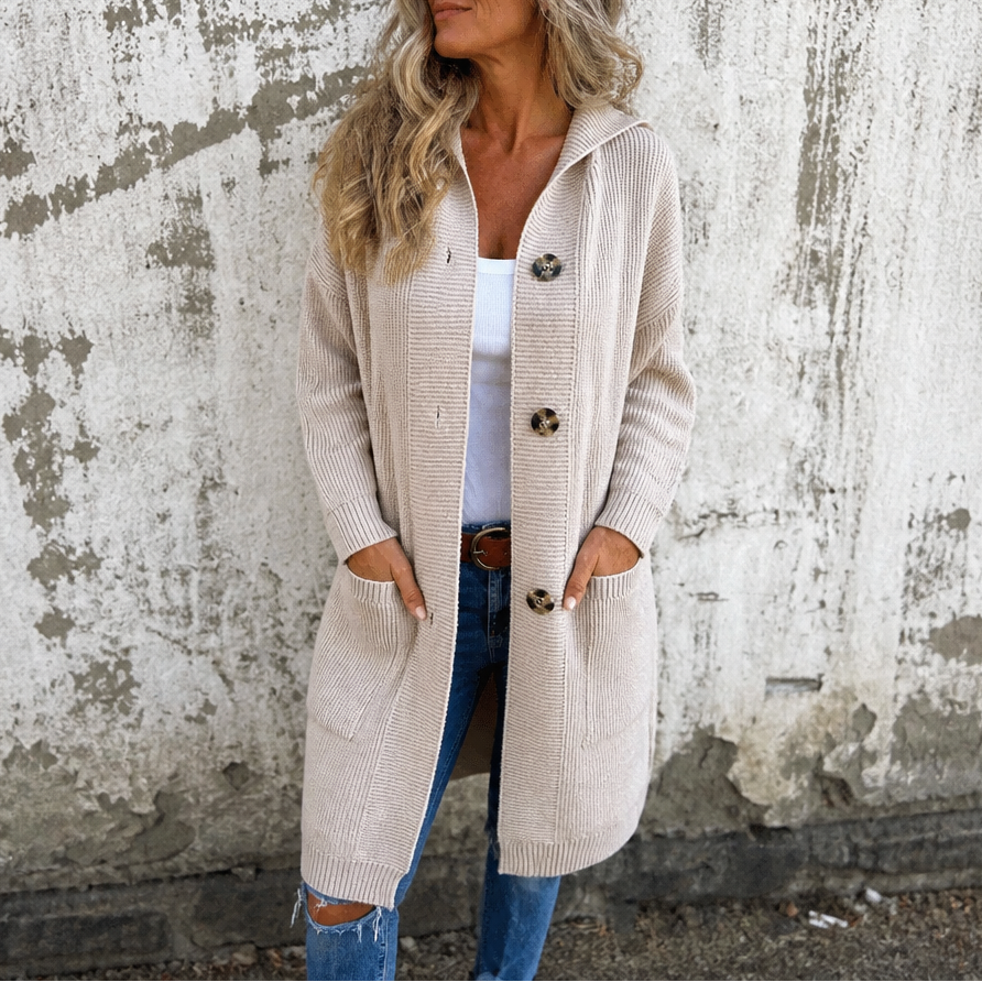 Hooded Button-Front Knit Cardigan