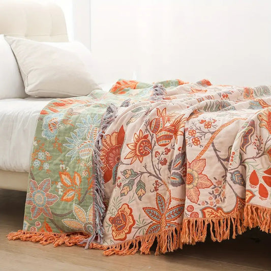 Cozy Vintage Floral Blanket - Warm Beige with Colorful Flowers - Cofik