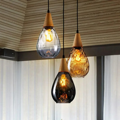 Stylish Glass Wooden Pendant Lamp Adjustable Hanging Light
