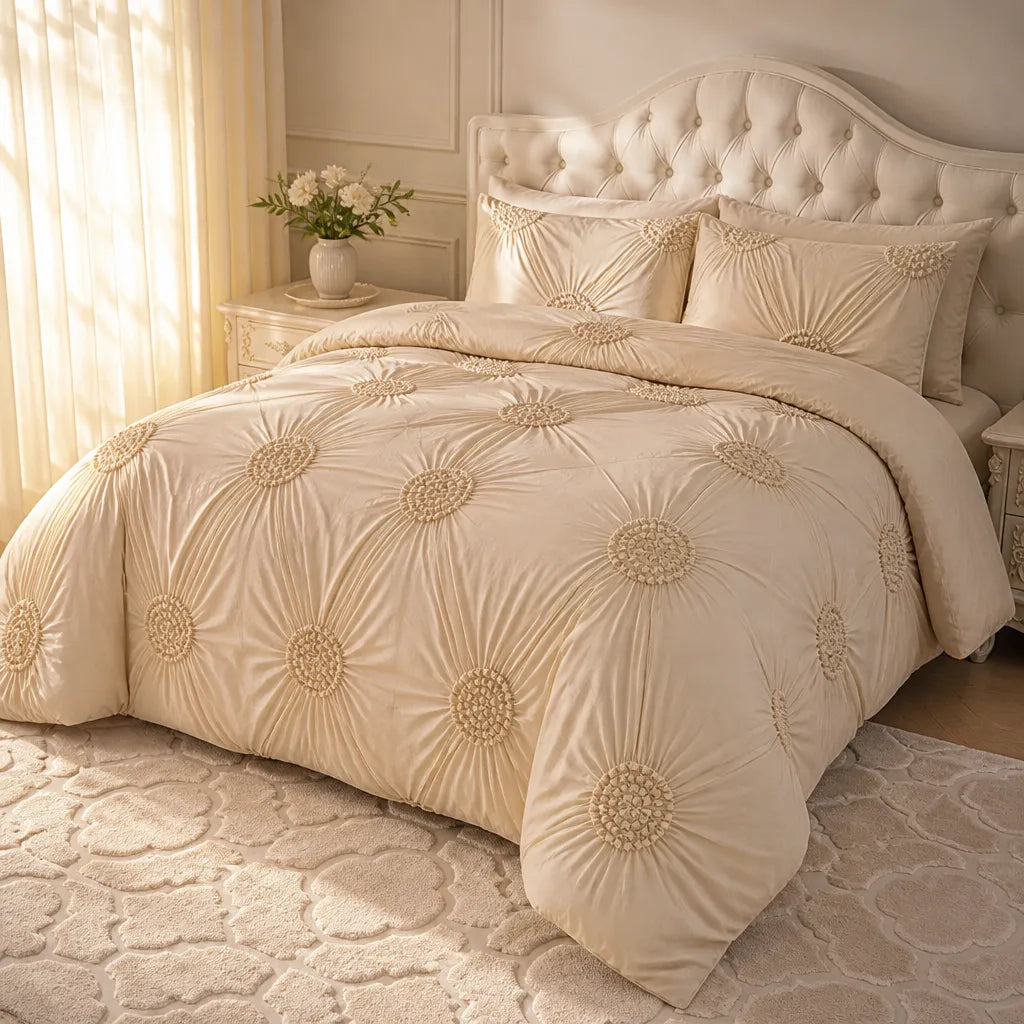 Ivory Tufted Rosette Comforter Cover Set with Shams