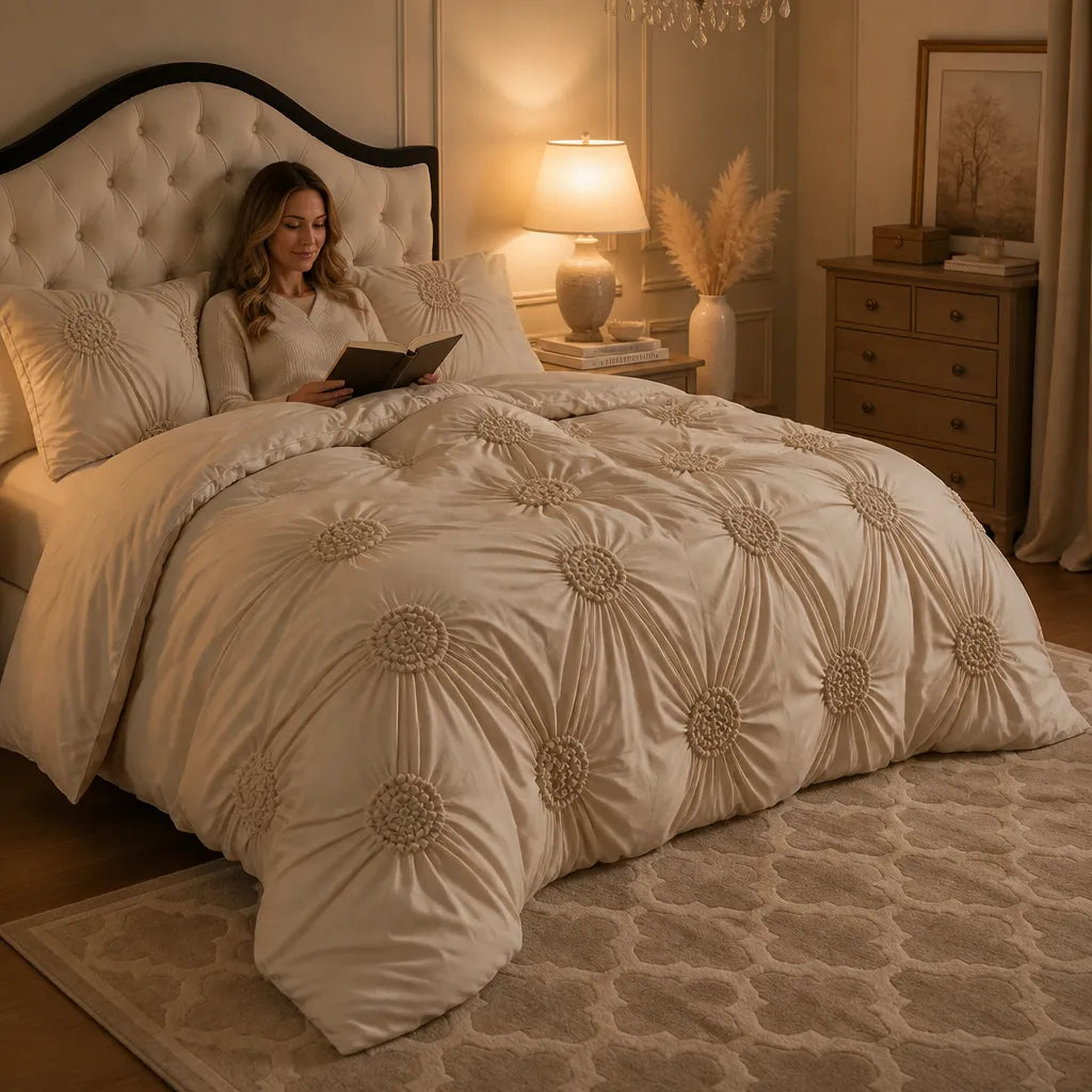 Ivory Tufted Rosette Comforter Cover Set with Shams