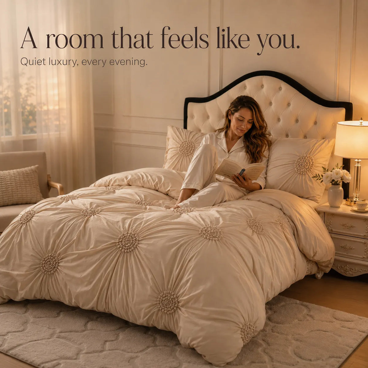 Ivory Tufted Rosette Comforter Cover Set with Shams