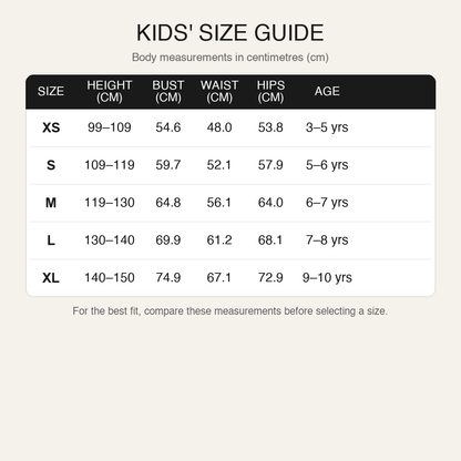 Kids Size Guide - Body measurements in centimetres
