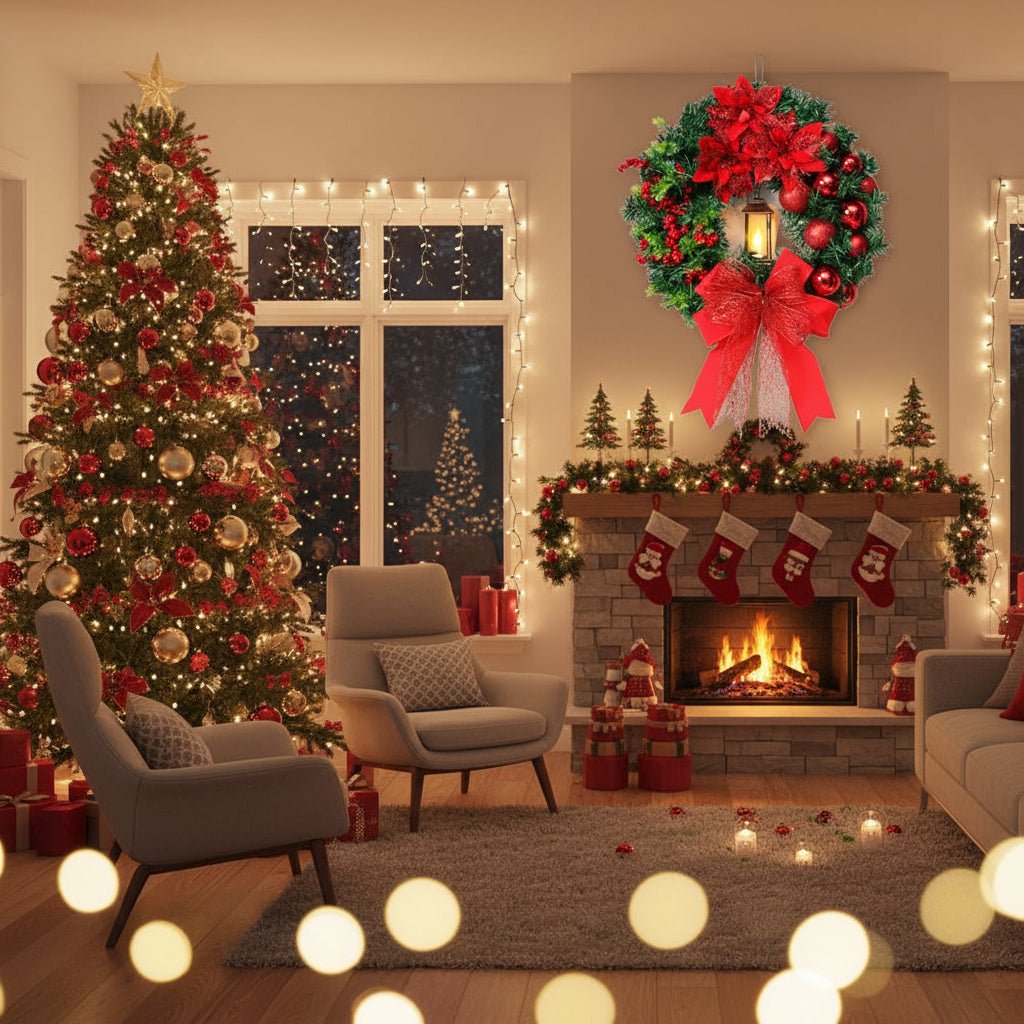Lantern Wreath with Warm Glow Lantern and Sparkling Ornaments