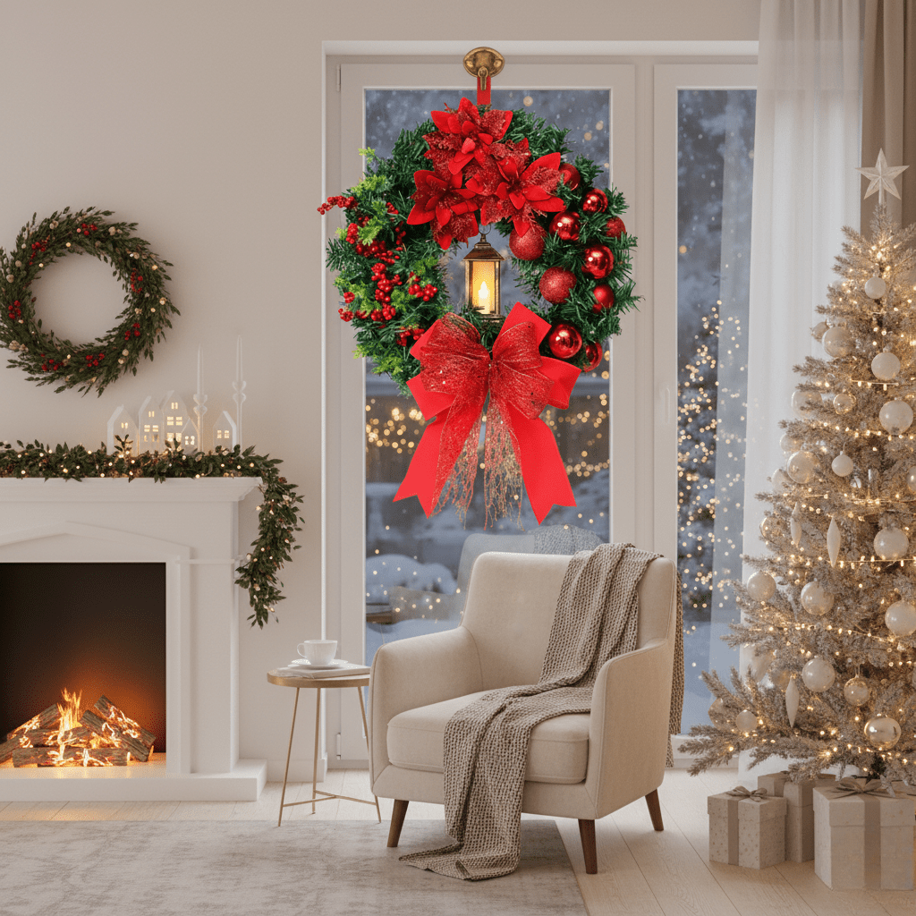 Lantern Wreath with Warm Glow Lantern and Sparkling Ornaments