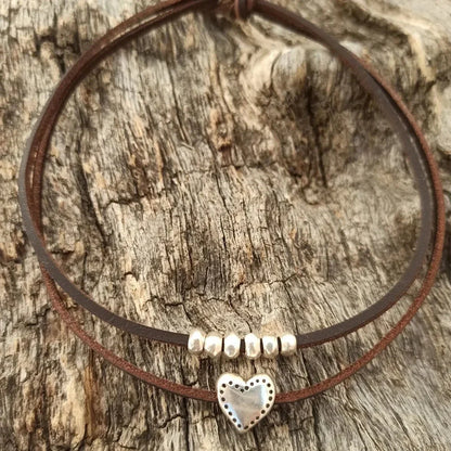 Double Leather Heart Layered Choker Necklace
