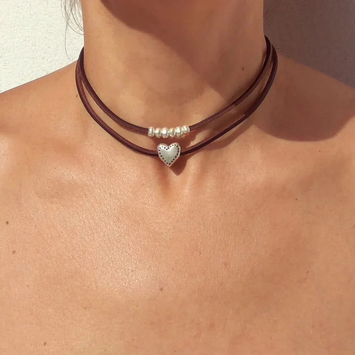Double Leather Heart Layered Choker Necklace - Cofik