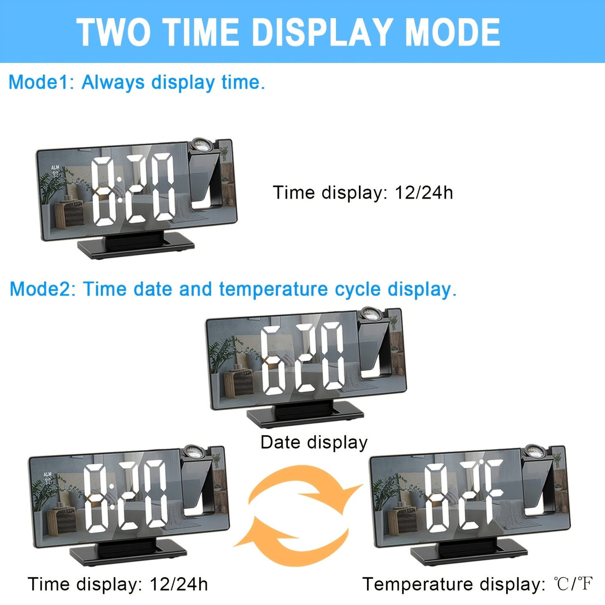 LED Projection Alarm Clock with 180° Adjustable Projection – Clear Display and Snooze Function for Bedroom or Office