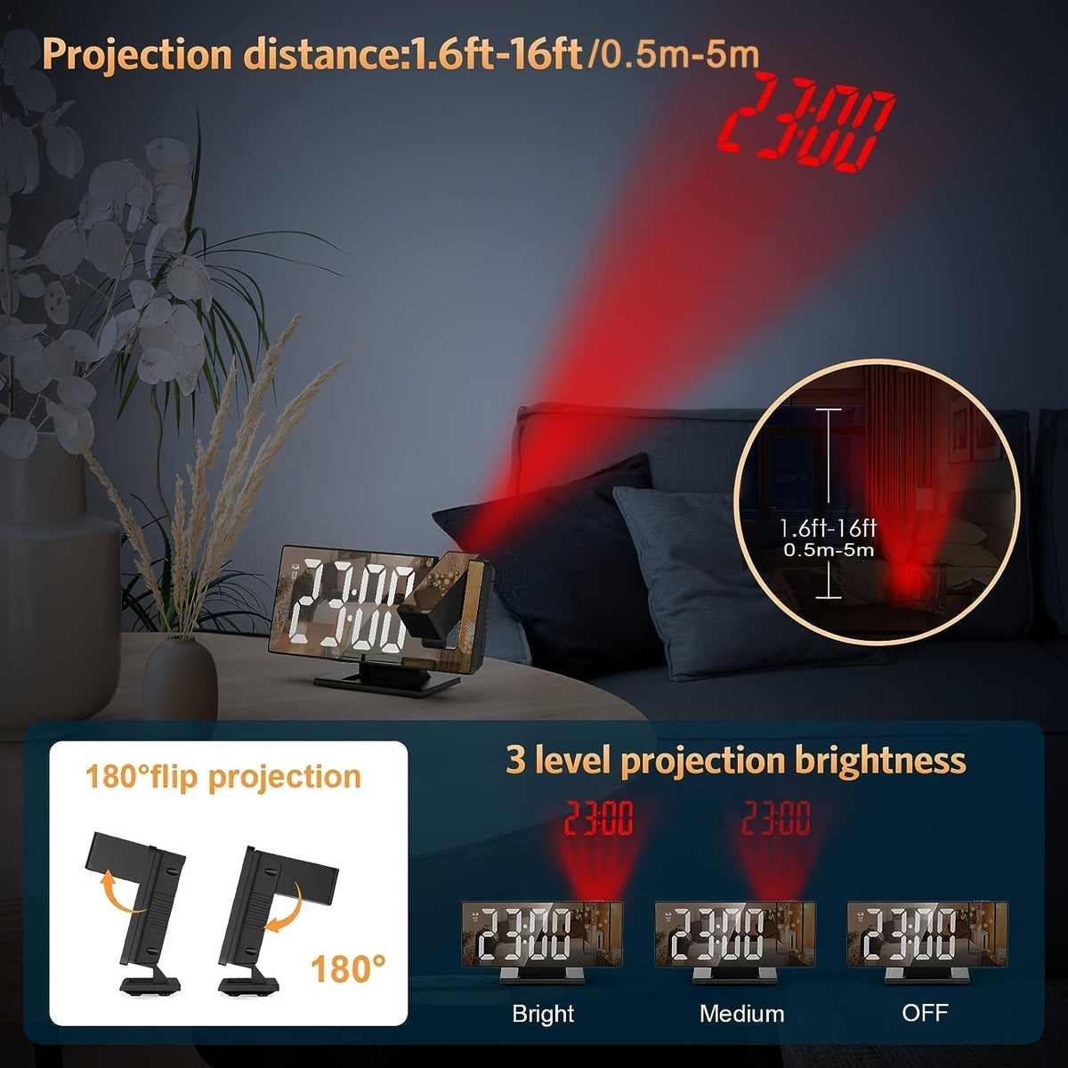 LED Projection Alarm Clock with 180° Adjustable Projection – Clear Display and Snooze Function for Bedroom or Office