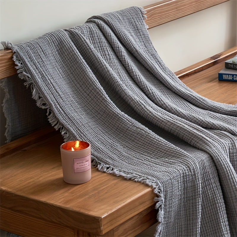 Lightweight 4-Layer Cotton Gauze Blanket with Decorative Fringe