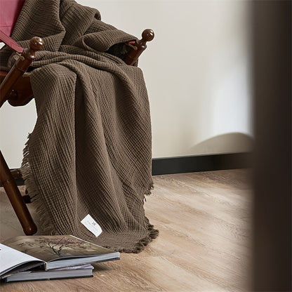 Lightweight 4-Layer Cotton Gauze Blanket with Decorative Fringe