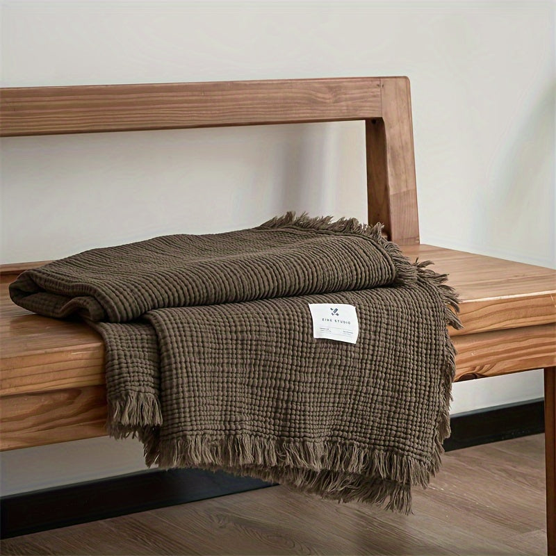 Lightweight 4-Layer Cotton Gauze Blanket with Decorative Fringe