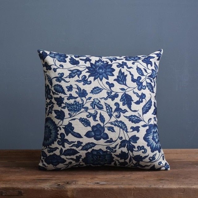 Linen-Cotton Blend Cushion Cover with Porcelain Pattern