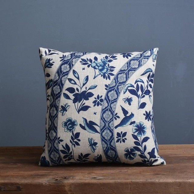 Linen-Cotton Blend Cushion Cover with Porcelain Pattern