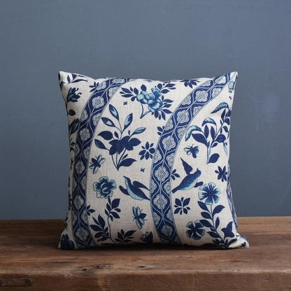 Linen-Cotton Blend Cushion Cover with Porcelain Pattern