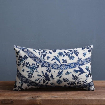 Linen-Cotton Blend Cushion Cover with Porcelain Pattern